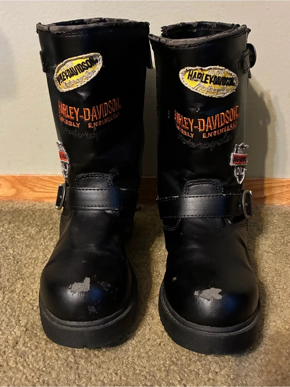 Harley-Davidson Black Motorcycle Riding Boots Youth Size 2 Logo Biker Accents